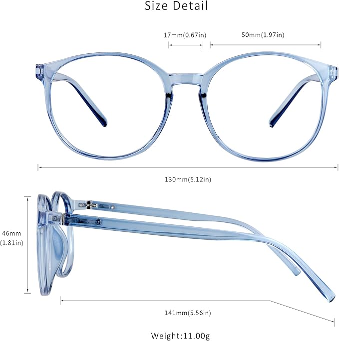 LifeArt Round Blue Light Blocking Glasses, Computer Glasses, Gaming Glasses, TV Glasses for Women Men (Light Blue, No Magnification)