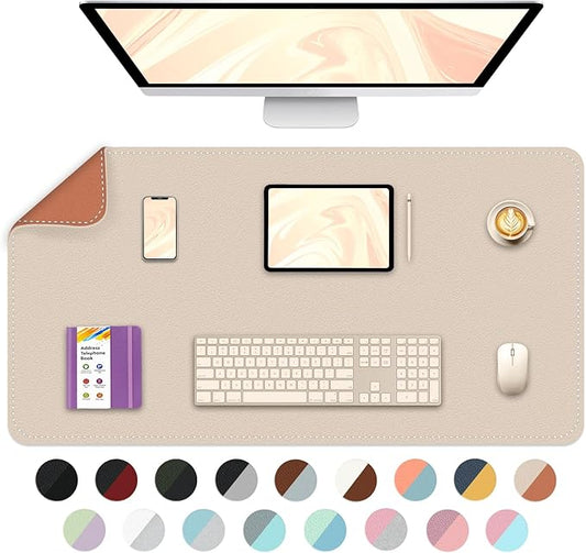 Bleswin Multifunctional Large Desk Mat, Double Sided Computer Desk pad, Extended Mouse Mat, Office Desk Protector with Waterproof PU Leather, 35.4''×16.9'', Office Home Writing Pad (Beige+Orange)