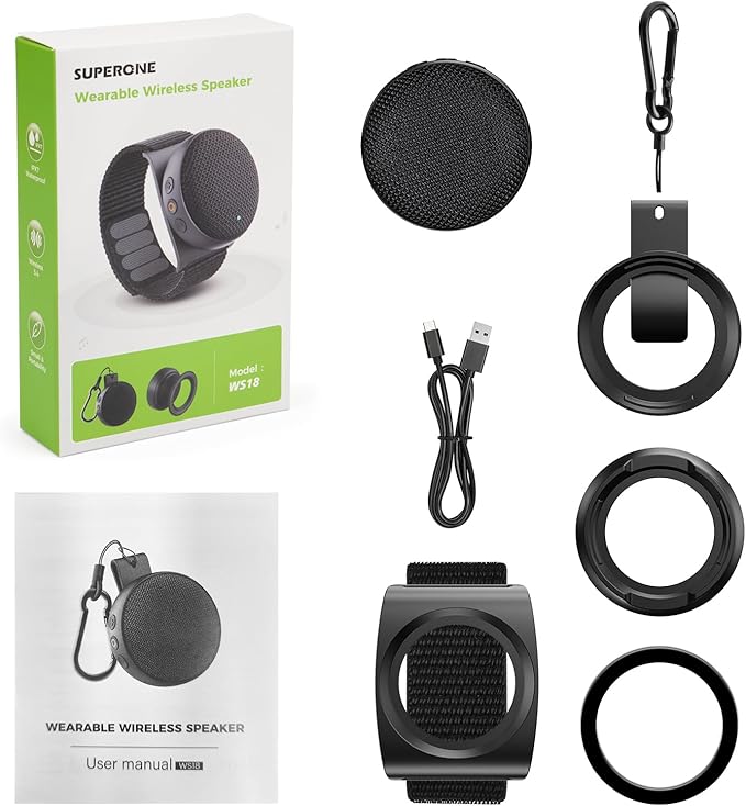 【2026 Upgraded】SUPERONE 4-in-1 Wearable Bluetooth Speaker【Hang Clip, Wrist Watch, Hang Hook & MagSafe Stand】Hi-Fi Sound TWS Portable Wireless Mini Speaker, IPX7 Waterproof for Work, Running & Outdoors