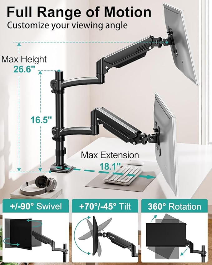 Dual Monitor Stand for 2 Screens up to 32 inch, Vertical Stacked Dual Monitor Mount, Full Motion Adjustable Tall Double Monitor Desk Mount, Each Arm Holds 4.4-22lbs, VESA 75/100mm, Black, Freelift