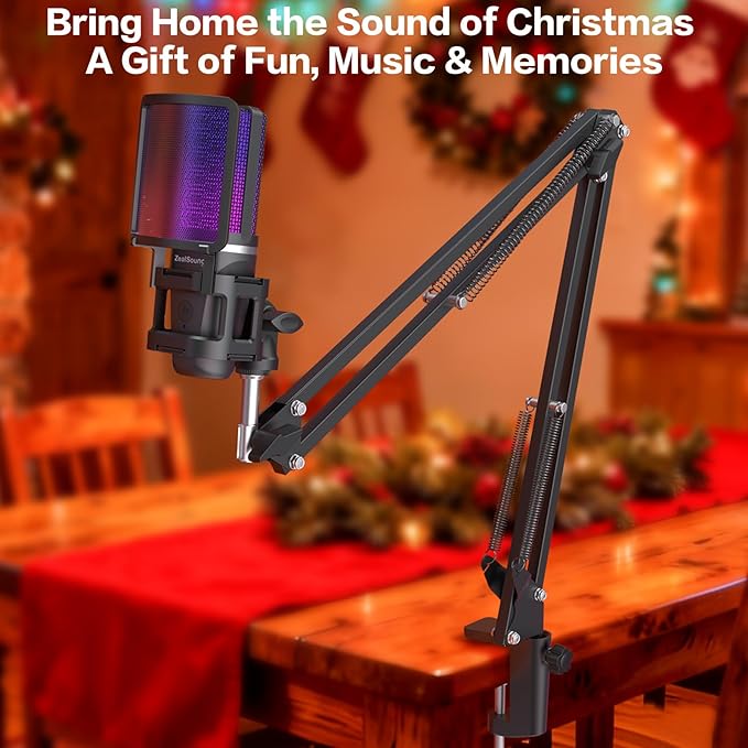 ZealSound Gaming Microphone, USB Mic for PC with Noise Cancellation, RGB, Mute, Gain Control, Zero-Latency Monitoring, Boom Arm, Tripod Stand & Pop Filter, for Mac, iPhone, Streaming, Twitch, YouTube