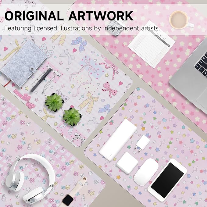 AUPET Leather Desk Pad Blotter Mat, Large Mouse Pad, Non-Slip Waterproof Desk Writing Pad Protector, Desk Decor for Office，Home，Gaming (Cute Ribbon, 35.4X15.7 inch)