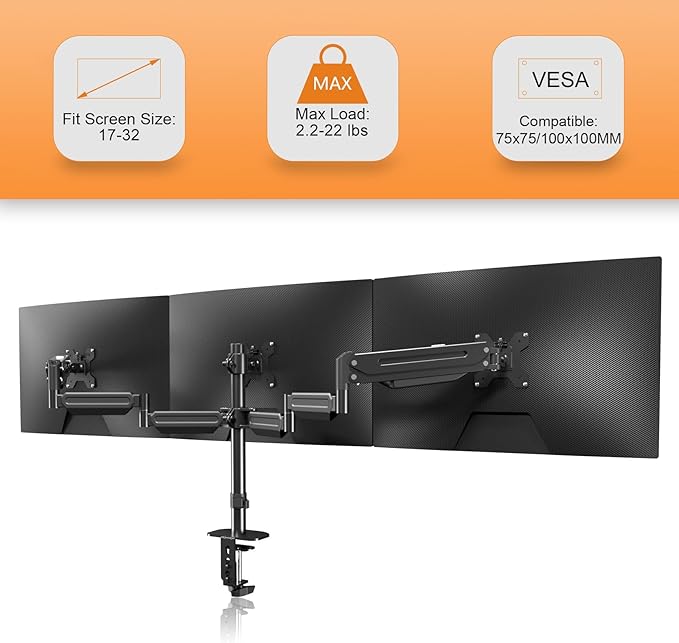 Pholiten Triple Monitor Mount for Desk, 2 Gas Spring Monitor Arms for 17-32 inches Screen, Fully Adjustable Heavy Duty Monitor Mount with Clamp & Grommet Mounting, Each Arm Holds 22 lbs