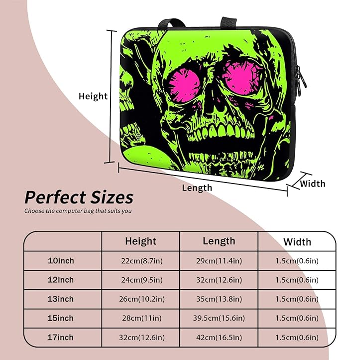 Universal Tablet Laptop Sleeve Case 10 inch, Neon Green Skull Slim Carrying Case Travel Laptop Bag Durable Handbag for 7 to 10-inch Laptops/Notebook/Kids Tablet/ipad/eBook Readers