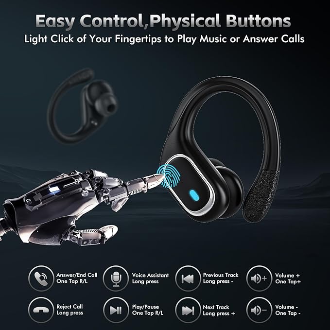 Wireless Earbuds Bluetooth 5.3 Headphones with 80H Playback, IPX7 Waterproof Over Ear Buds with LED Power Display for Sports Running Workouts