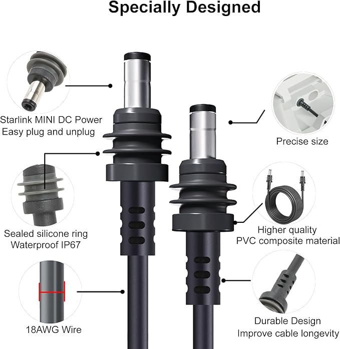 Starlink Mini DC Power Cable, 18AWG 15M/49.2FT, Grey, Female-to-Male, Indoor/Outdoor, DC Power, Starlink Mini Compatible