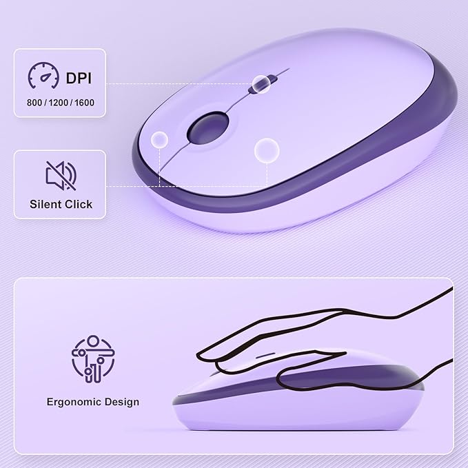 Wireless Keyboard and Mouse, 2.4Ghz USB Retro Full Size Typewriter Keyboard and Cute Mouse Combo for Windows 7/8/10, Laptop, Desktop, PC, Computer (Purple Colorful)