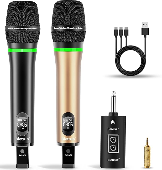 Bietrun Wireless Microphone, 240FT Rechargeable UHF Metal Dual Cordless Handheld Dynamic Mics with Bluetooth for Karaoke Machine, PA System Speaker, Mixer, Party, Church, Wedding(Rose Gold)