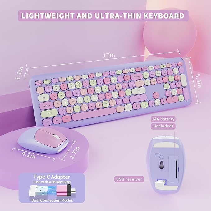 Wireless Keyboard and Mouse Combo, Colorful Ergonomic Full Size Retro Low-Noise Keyboard with Cute keycaps, Compatible with Windows, PC, Perfer for Home and Office Keyboards (Purple)