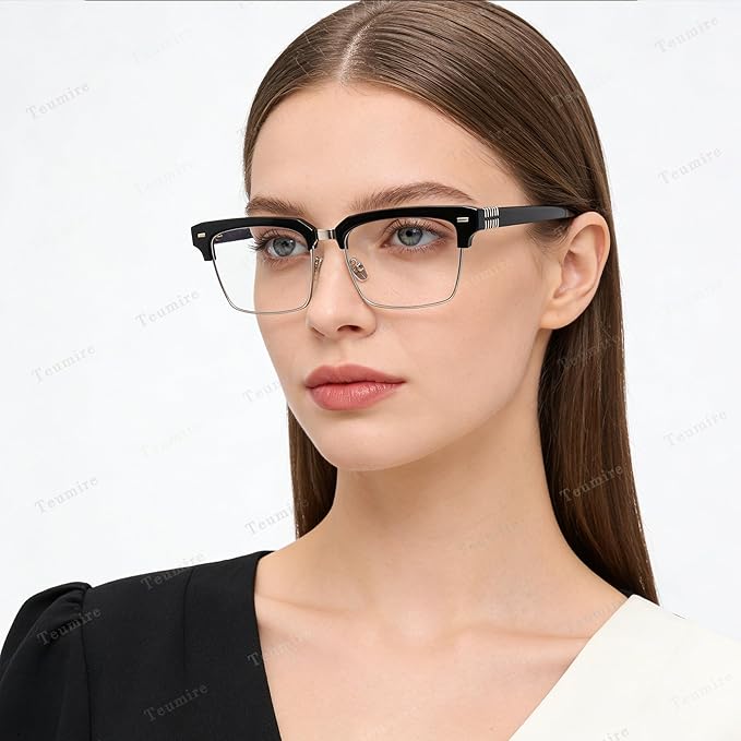 Semi Rimless Rectangle Blue Light Glasses Men Women Black Square Eyewear