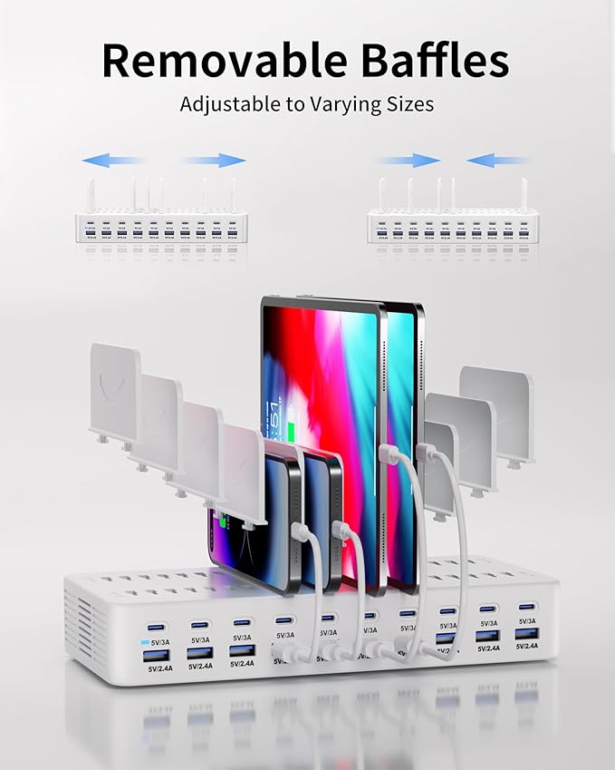 270W Charging Station for Multiple Devices, 20-Port USB Fast Charging Station with Adjustable Dividers & 10 Cables, Multi Device Organizer Charging Dock for iPhone, iPad, Tablets & More(White)