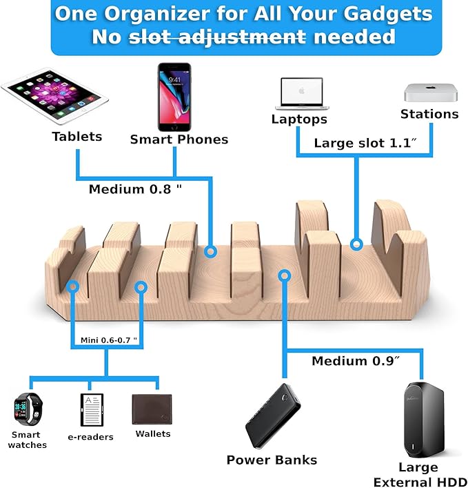Oak Multi-Device Organizer with Cord Organizer and Anti-Scratch Pads Accessories Set – Vertical Stand for Laptops, Tablets, Phones, and external Hard Drives – Desk station Dock for Home Office