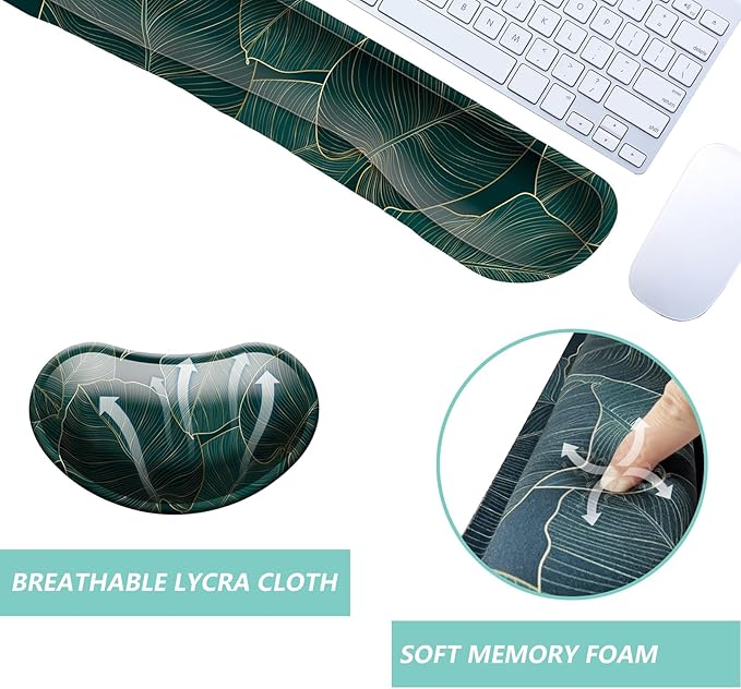 Keyboard Wrist Rest Mouse Wrist Support Set, Memory Foam Wrist Rest Pad for Computer Laptop Keyboard Mouse, Ergonomic Wrist Cushion Support for Typing Pain Relief, Gaming Home Office, Green Leaves