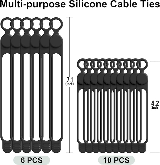 Nearockle Silicone Cable Ties Cord Organizer for Cable Management, 16PCS 4.2" and 7.1" Reusable Cable Organizer Electronic Accessories for Home, Office, Kitchen, School, Travel (Black) - Image 6