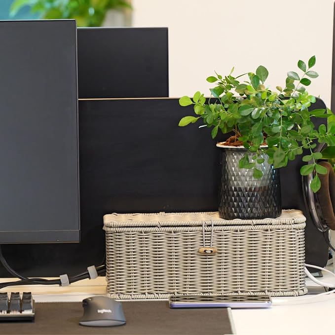 BROWNLILY Cable Management Box, Rattan Style Cord Organizer for Desk Cord Hider Outlet Covers Baby Proofing for Power Strip TV PC Router Charger Under Desk Storage with Lockable Lid and Cable Ties - Image 6