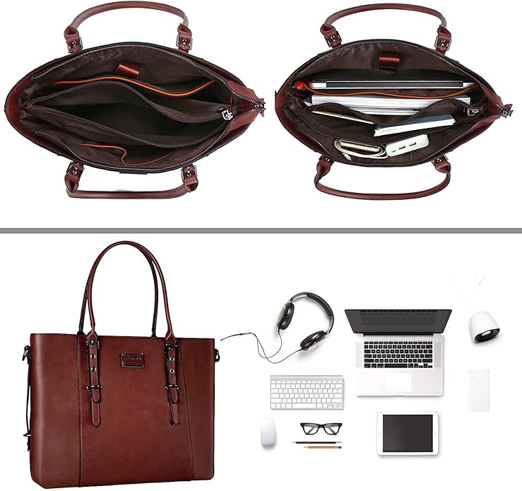 MOSISO Laptop Bag for Women, Waterproof Vintage PU Leather Briefcase Shoulder Computer Laptop Tote Bag for Office Work