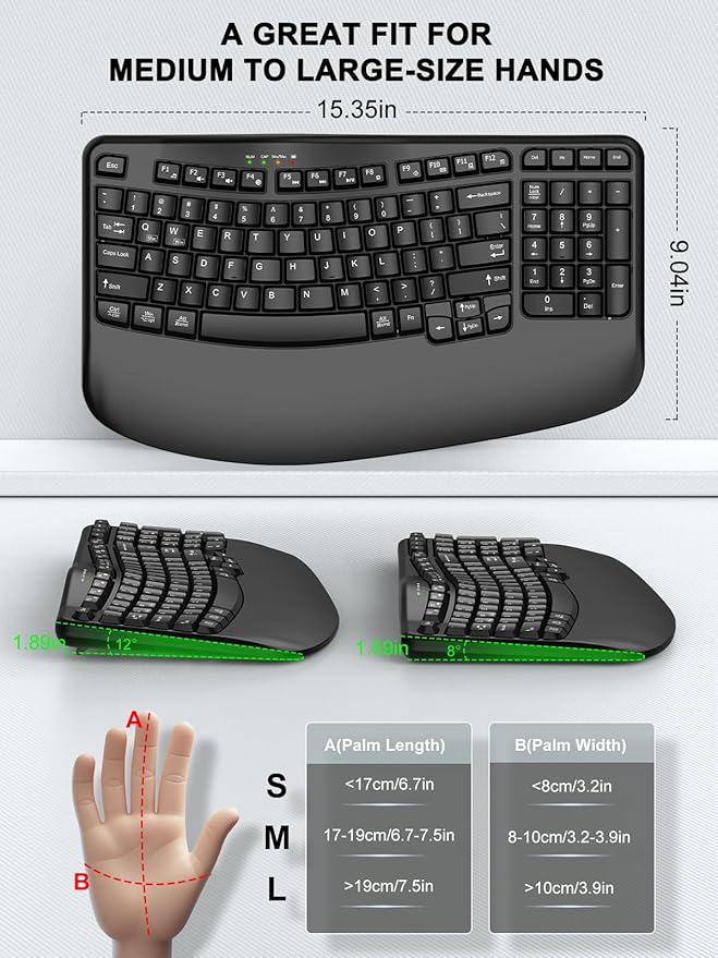Ergonomic Wireless Keyboard with Wrist Rest, Wave Keys, Comfortable Natural Typing, 2.4GHz Ergo Wireless USB Computer Keyboard for Large Hands, Windows, Mac, Laptop, PC