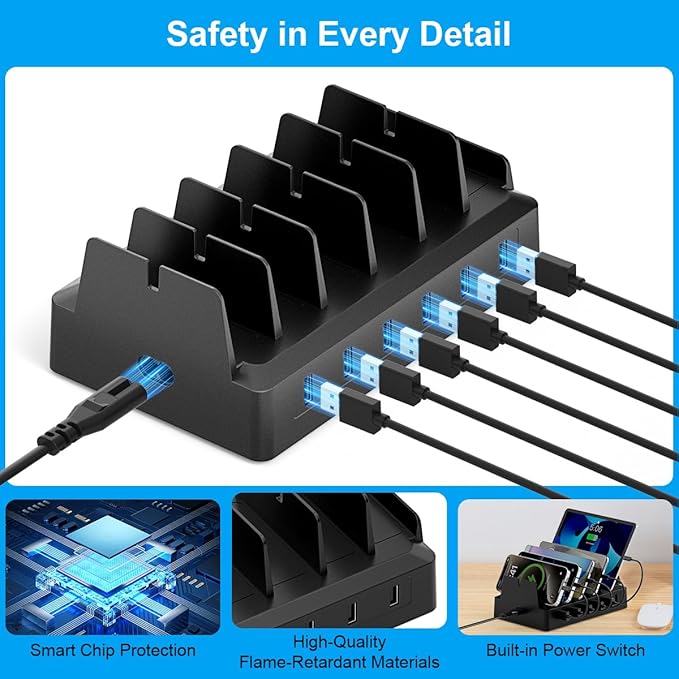 Charging Station for Multiple Devices, 6 Port USB Charger with Holder Stand and Cables for iPad, Apple, Android, Tablet, Office Desk Charging Dock Storage Organizer (White)