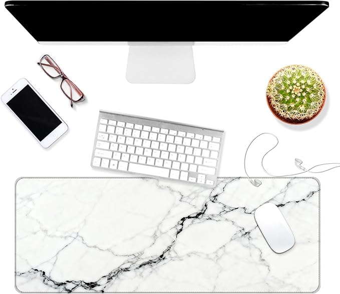 Dynippy Thin Extended Gaming Mouse Pad （31.5 * 11.8 * 0.08 inch） with Stitched Edges Large Mousepad Long XXL Keyboard and Mouse pad Desk Mat for Gaming Office & Home - White Black Marble
