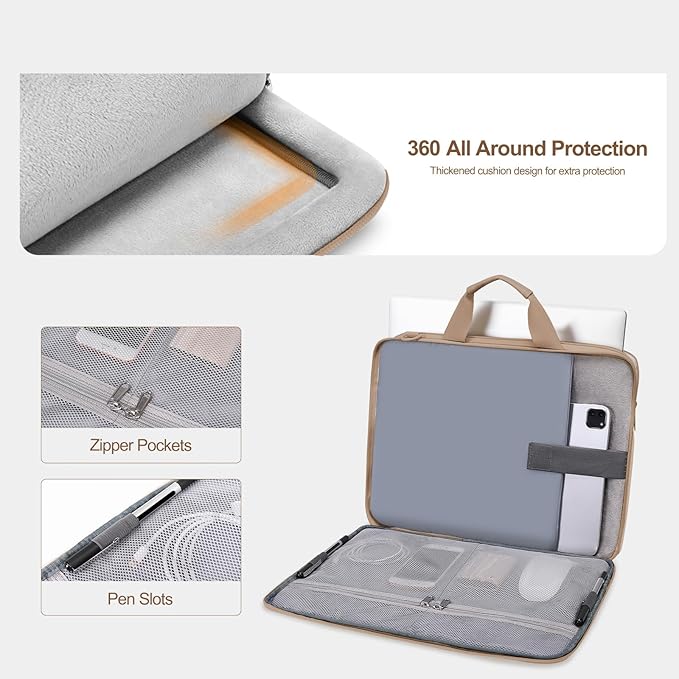 MOSISO 360 Protective Laptop Shoulder Bag, 13-13.3 inch Double Layer Fluffy Padded Laptop Bag with Anti-theft Zipper Compatible with MacBook, HP, Dell, Lenovo, Asus Notebook, Taupe Brown