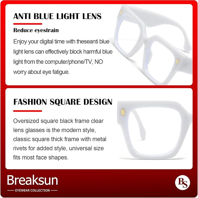 Breaksun Fashion Oversized Blue Light Blocking Glasses for Women Men Trendy Big Square Frame Computer Eyeglasses
