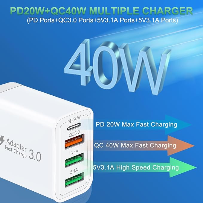 40W QC3.0 USB C Charger Block, CARZONJX 4 Port PD+QC Power Adapter Fast Charging Blocks USB C Wall Plug Multiport for iPhone 15 14 13 12 11 XS XR X 8, iPad, Galaxy, Tablet, Notebook