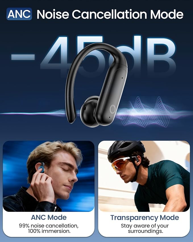 LEEMC Wireless Earbuds, Bluetooth Headphones 6.0, Ear Buds with Touch Screen, ANC ENC Noise Cancelling, 40H Bass Stereo Sound Over-Ear Earphones for iOS, Android, Sports, Workout, Black