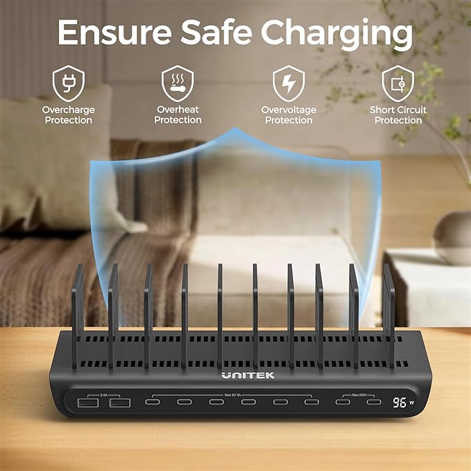 UNITEK 10-Port USB C Charging Station 96W with 2X 65W PD, [2A+8C] Laptop Charging Station for Multiple Devices, Fast Charger Dock for Home Office