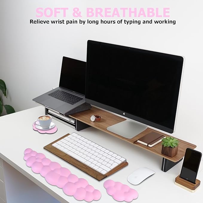 Cloud Wrist Rest Set, Ergonomic, Whimsical, Pink, PU Leather, Memory Foam
