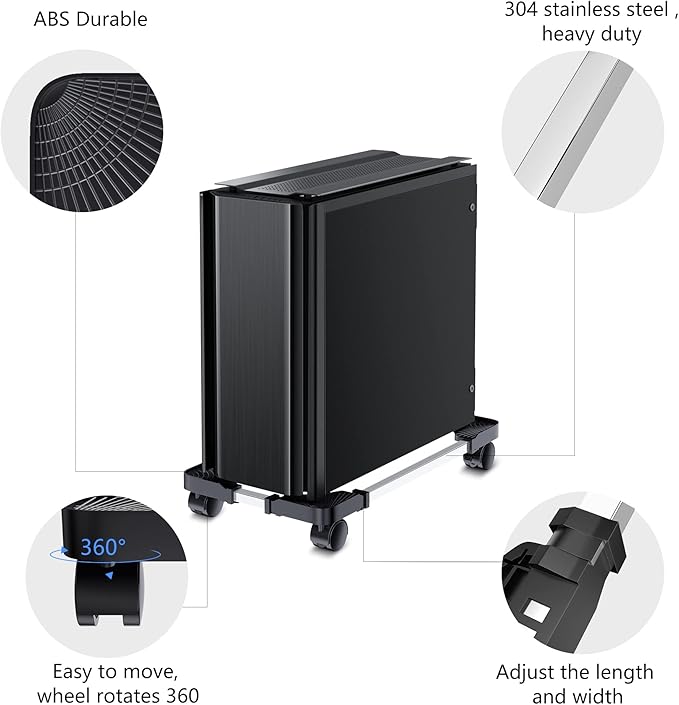 Computer Tower Stand - Adjustable PC Stand for Most Desktop Towers - Elevate and Organize Your Desktop - Mobile CPU PC Holder Cart Riser Printer