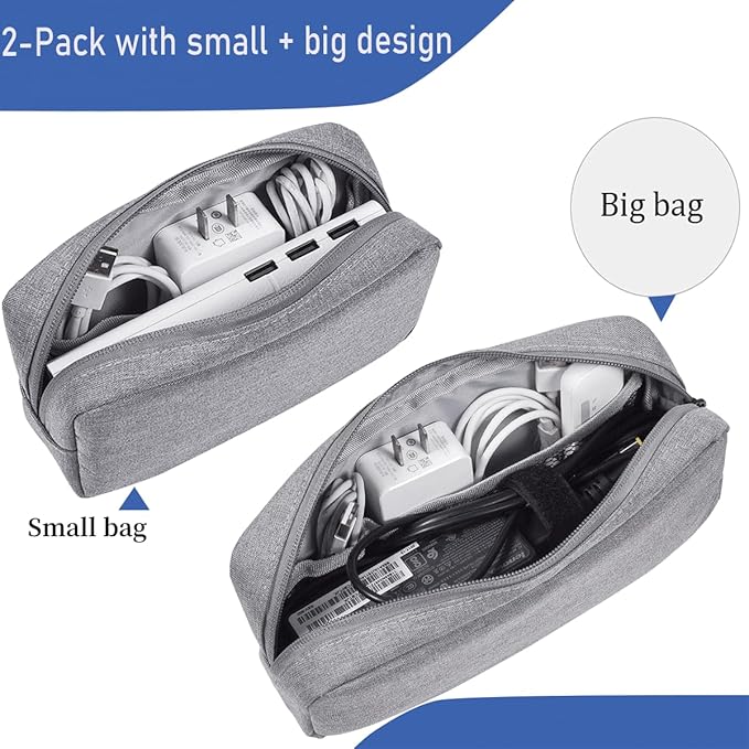 2PCS Electronics Organizer Travel Case, Electronic Accessories Bag, Waterproof Accessories Storage Pouch for Power Bank, Cable, Cord, Charger, Mouse, Various Accessories (Small+Big-Gray)