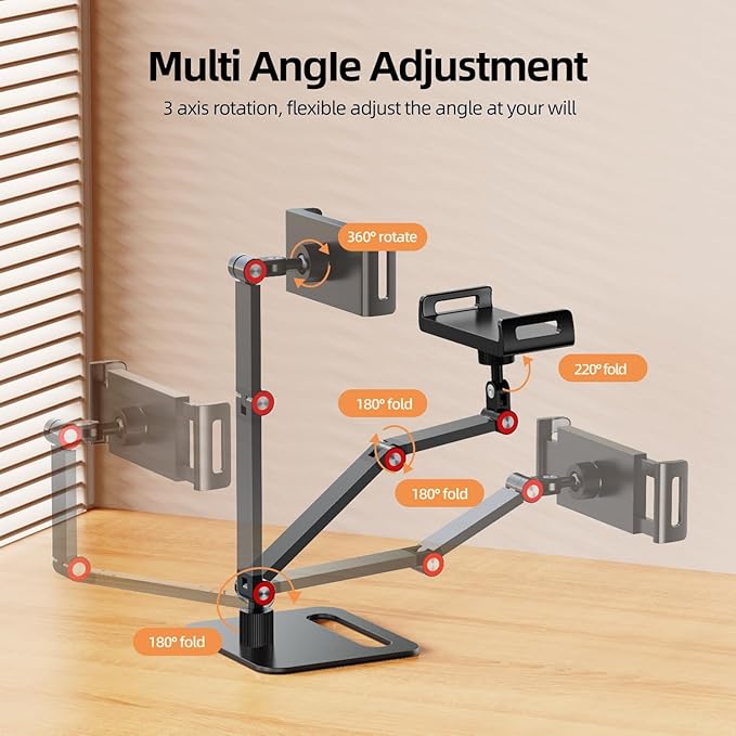 UPERFECT Adjustable Tablet Stand, 360° Swivel & 180° Tilt, Foldable Arm Holder for 4.7–9.87'' Telescopic Clamp, Compatible with ≤18.5'' Monitor/iPhone/iPad/Tablet, Aluminum Alloy, Black