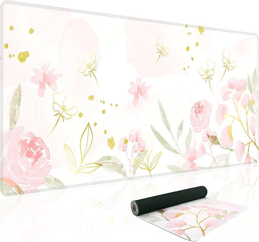 Baziabbo Pink Floral Desk Mat,XXL Extended Large Mouse Pad,Gaming Mousepad with Stitched Edge,Non-Slip Rubber Base Keyboard Desk Pad for Home Office Study Game