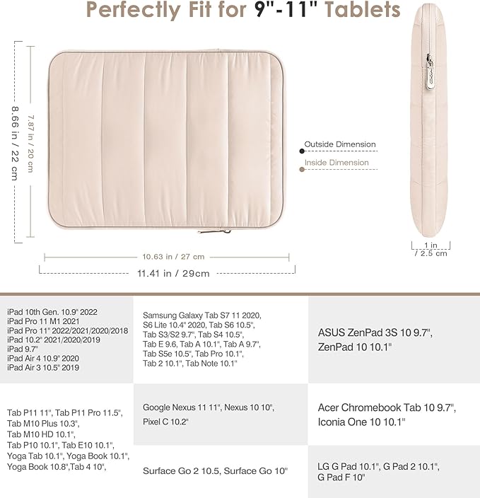 MoKo 9-11 Inch Tablet Sleeve Case, Portable Puffy iPad Bag Fit with New 11-inch iPad Pro M5/iPadAir M4 2026/iPad A16, iPad 10th/Air 5/4th 10.9, 9/8/7th 10.2, Tab S8/S9 11, Sand