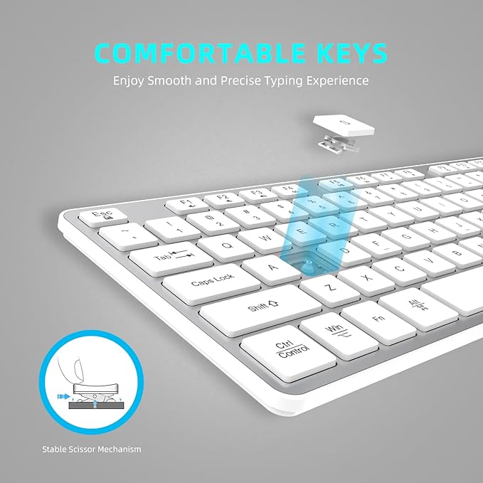 Slim Wireless Keyboard for Mac and Windows, Ultra Quiet Low-Profile Flat Key Board with Full-Size Keys, 2.4GHz Wire Less for PC, Mac, Windows 11/10/8/7 (Silver-1)