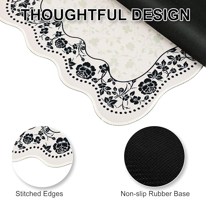 L-SPOUTTO Vintage Floral Mouse Pad,Aesthetic Scalloped Desk Mat XXL Large Gaming Mousepad,35.4x15.7in Non-Slip Keyboard Pad Waterproof Desktop Mat for Laptop Computer Work Game Office-Seamless Floral