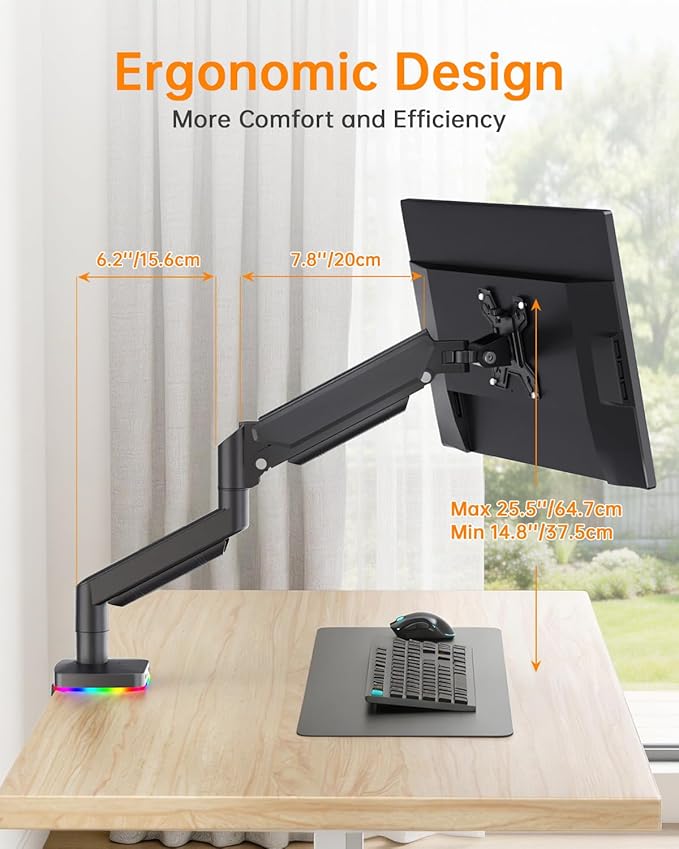 Afaloona RGB Single Monitor Stand, Gas Spring Monitor Arm with 3 USB Ports, Charging and USB Data Transfer Function, Desk Mount for 13"-32" Monitors up to 19.8lbs, Adjustable Height,Swivel,Rotate,Tilt