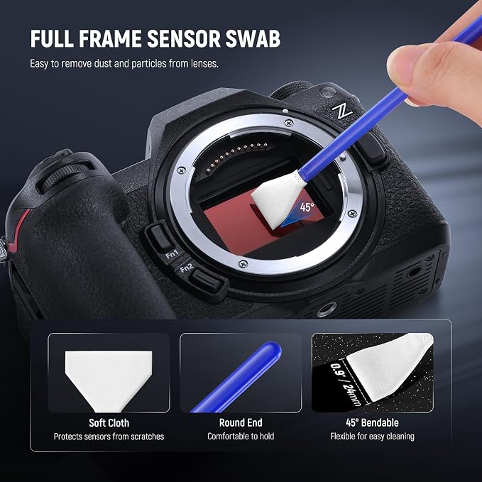 NEEWER 16 in 1 Camera Lens Cleaning Kit, 1x Brush + 1x Air Blower + 1x Cleaning Swab for 24mm Full Frame Sensor + 1x Cleaner Spray + 2X Cloth + 10x Wet Lens Wipe, HM-44 - Image 6