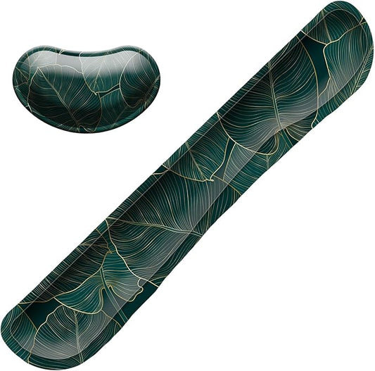Keyboard Wrist Rest Mouse Wrist Support Set, Memory Foam Wrist Rest Pad for Computer Laptop Keyboard Mouse, Ergonomic Wrist Cushion Support for Typing Pain Relief, Gaming Home Office, Green Leaves