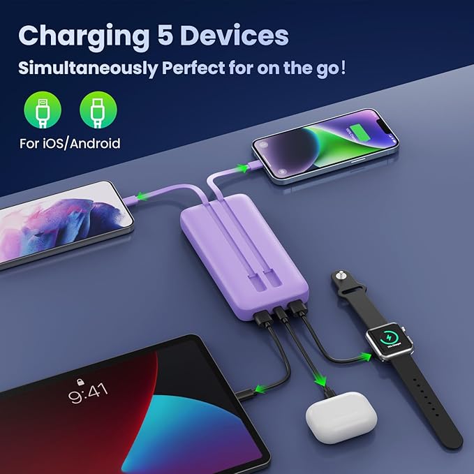 Portable Charger 40800mAh Power Bank with Built-in Cables,PD 25W USB C in&Out Power Bank Fast Phone Charging,QC4.0 5 Output Travel Camping Essential Battery Pack for iPhone 17/16,Samsung etc-Purple