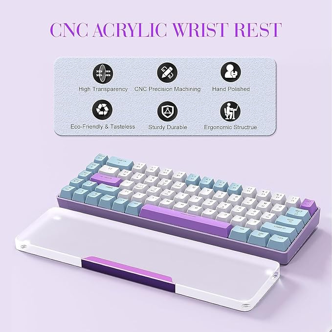 SELORSS Acrylic Keyboard Wrist Rest - Wrist Support for Keyboard CNC Aluminum Alloy Customized Logo - Keyboard Pad Home & Office - Keyboard Wrist Pad with Anti-Slip Mat for 60% Compact Keyboard,Purple