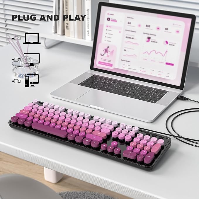 Dliter Wired Keyboard, 104 Keys Full Size Typewriter Keyboards, USB Plug and Play Office Keyboard with Number Pad, Caps Indicators, Foldable Stands for Windows, PC, Laptop (Black Pink)