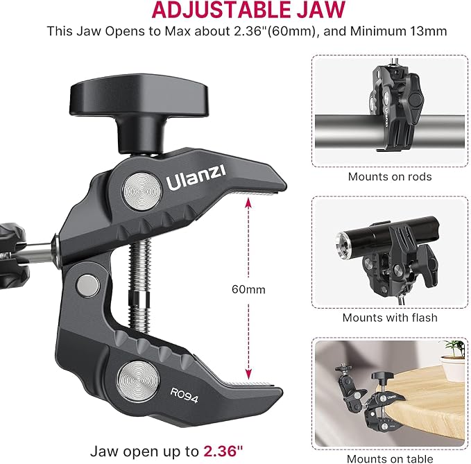 ULANZI Super Clamp Camera Clamp Mount Monitor 360° Ballhead Magic Arm Double Ball Head Adapter with 1/4"-20 & 3/8"-16 Thread for Canon Nikon DSLR Camera/Gopro/LED Lights/Ronin-M/Ronin MX/Freefly MOVI - Image 6