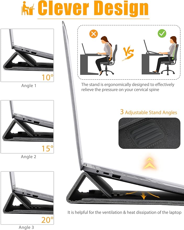HYZUO 13.3-14 Inch Laptop Sleeve Case Bag with Adjustable Stand for MacBook Pro 14 M5/M4/M3/M2/M1 Pro/Max A3426 A3427 2026-2021, MacBook Air/Pro 13.3, 13.8-13.5 Surface Laptop, Space Gray