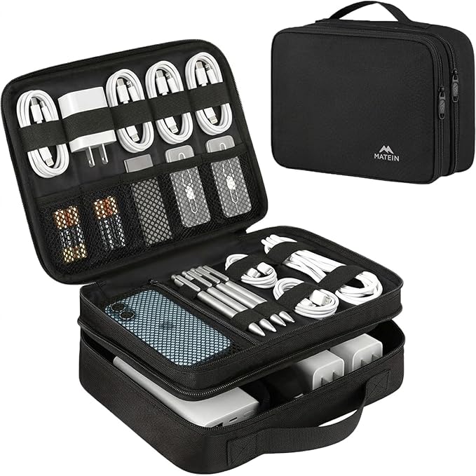 MATEIN Electronics Organizer Travel Case, Water Resistant Cable Organizer Bag for Travel Essentials, Gifts for Men, Storage Bag for Camera Accessories, Phone, Cord & Tablet, Black by MATEIN