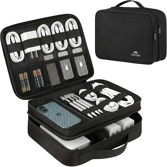 MATEIN Electronics Organizer Travel Case, Water Resistant Cable Organizer Bag for Travel Essentials, Gifts for Men, Storage Bag for Camera Accessories, Phone, Cord & Tablet, Black by MATEIN