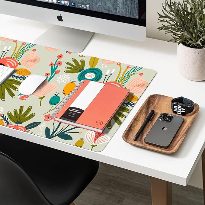 Desk Mat Large Protector Pad 31.5" ×15.7", Non-Slip PU Leather Desk Blotter, Waterproof Mouse Pad for Office Home Green Floral