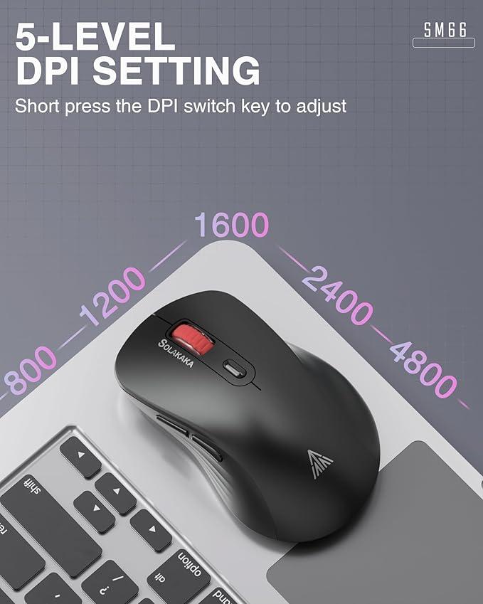 SOLAKAKA SM66 Silent Dual Mode 2.4GHz Wireless Mouse with 2 Side Buttons, 4800 DPI,Rechargeable Computer Mouse for Laptop,PC(Black)