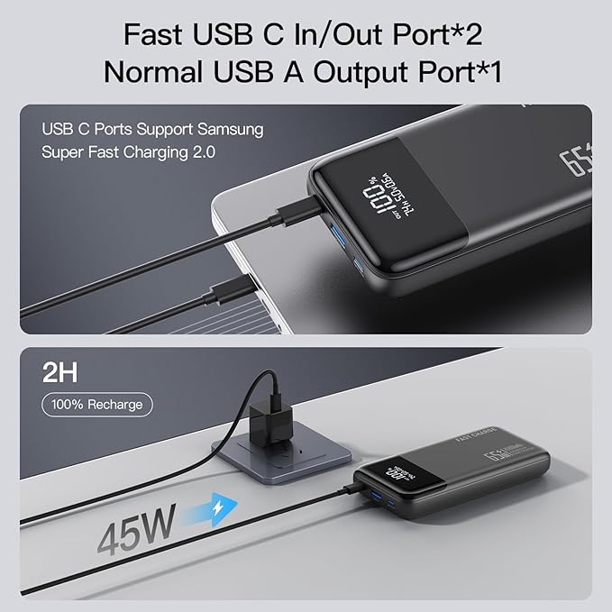 2026 Laptop Portable Charger Power Bank, 26800mAh 65W Compact USB C Laptop Power Bank, PD QC Fast Charging 3-Output Battery Pack for MacBook iPad Tablet Steam Deck iPhone 17 16 15 14 Samsung S24