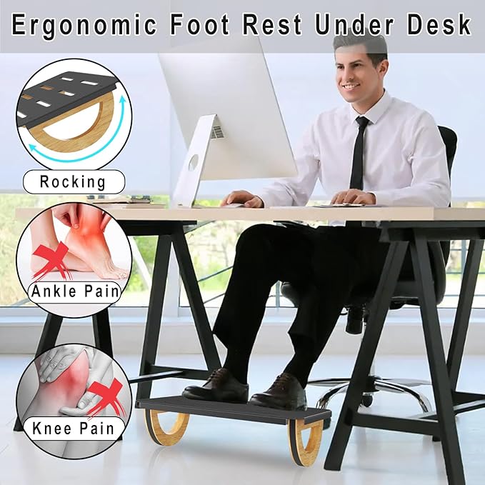 STWWO Ergonomic Rocking Foot Rest for Office, Wooden Footrest for Posture Support & Blood Circulation, Under Desk Chair Foot Rest Metal for Relieve Back, Lumbar Pain